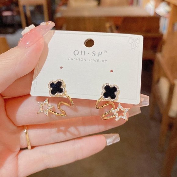 Copper Black Cubic Zirconia Flower Decor Earrings - Picture 5 of 5